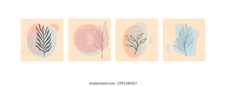 Set of abstract foliage wall art. Leaves, organic shapes, leaf branch, tree in vector line art style.  Decoration collection design for interior, poster, cover, banner.