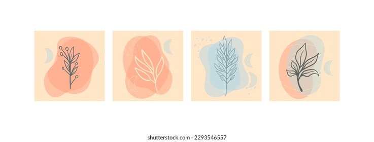 Set of abstract foliage wall art. Leaves, organic shapes, leaf branch, tree in vector line art style.  Decoration collection design for interior, poster, cover, banner.