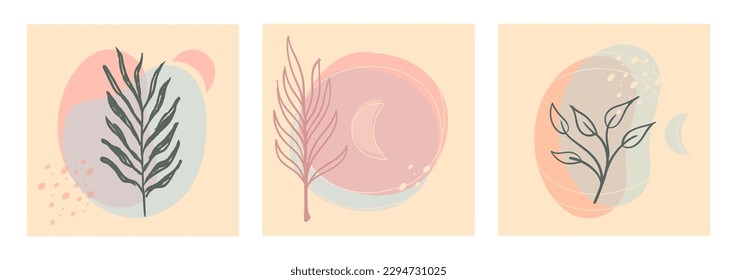 Set of abstract foliage wall art. Leaves, organic shapes, leaf branch, tree in vector line art style.  Decoration collection design for interior, poster, cover, banner.