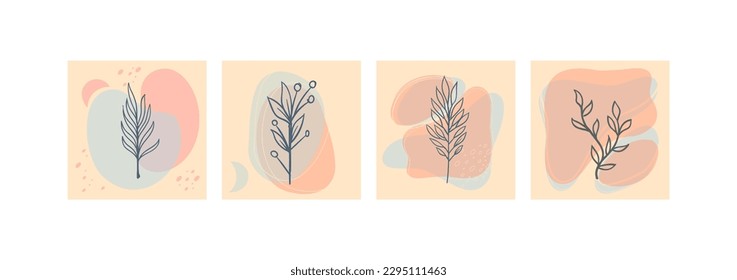 Set of abstract foliage wall art. Leaves, organic shapes, leaf branch, tree in vector line art style.  Decoration collection design for interior, poster, cover, banner.