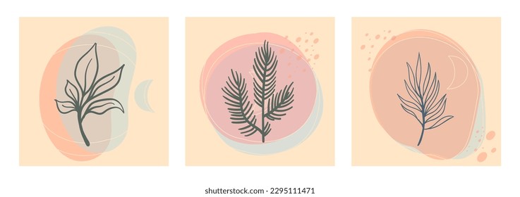 Conjunto de arte abstracto de la pared follaje. Hojas, formas orgánicas, rama de hoja, árbol en estilo de arte de línea vectorial.  Decoración de colección para interiores, afiches, portadas y carteles.