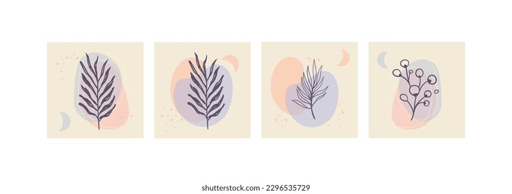 Set of abstract foliage wall art. Leaves, organic shapes, leaf branch, tree in vector line art style.  Decoration collection design for interior, poster, cover, banner.