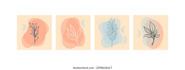 Conjunto de arte abstracto de la pared follaje. Hojas, formas orgánicas, rama de hoja, árbol en estilo de arte de línea vectorial.  Decoración de colección para interiores, afiches, portadas y carteles.