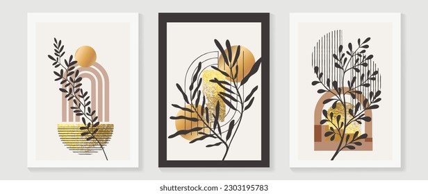 Set of abstract foliage wall art vector. Leaves, geometric shapes, black color, leaf branch and gold texture. Luxury wall decoration collection design for interior, poster, cover, banner.
