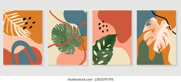 Set of abstract foliage wall art vector. Leaves, organic shapes, earth tone colors, leaf branch in line art style. Watercolor wall decoration collection design for interior, poster, cover, banner.