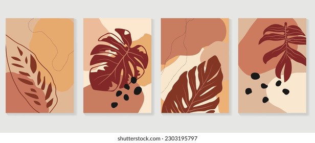 Set of abstract foliage wall art vector. Leaves, organic shapes, earth tone colors, leaf branch in line art style. Wall decoration collection design for interior, poster, cover, banner.