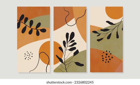 Set of abstract foliage wall art vector. Leaves, geometric shapes, earth tone colors, leaf branch in hand drawn style. Watercolor wall decoration collection design for interior, poster, cover, banner.