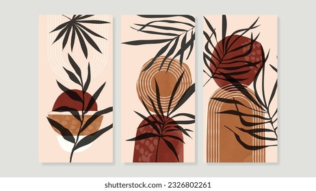 Set of abstract foliage wall art vector. Leaves, geometric shapes, earth tone colors, palm leaf in hand drawn style. Watercolor wall decoration collection design for interior, poster, cover, banner.