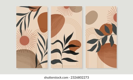 Set of abstract foliage wall art vector. Leaves, geometric shape, earth tone color, tropical leaf in hand drawn style. Watercolor wall decoration collection design for interior, poster, cover, banner.