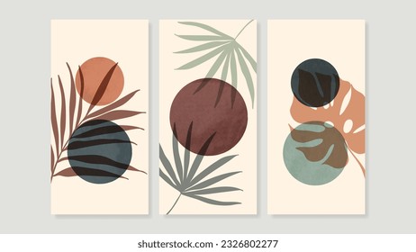 Conjunto de vector de arte de pared foliage abstracto. Hojas, forma geométrica, color de tono de tierra, hoja tropical con estilo dibujado a mano. Colección de paredes acuáticas para decoración interior, afiche, cubierta, banner.