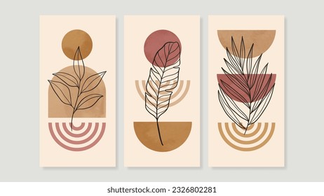 Set of abstract foliage wall art vector. Leaves, geometric shape, earth tone color, tropical leaf in hand drawn style. Watercolor wall decoration collection design for interior, poster, cover, banner.