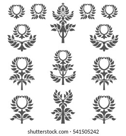 Set of abstract foliate elements. Deciduous ornament. Pattern.