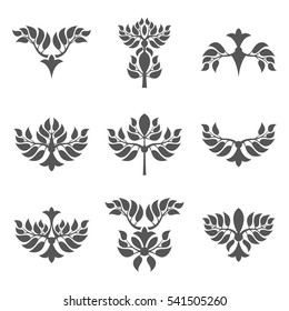 Set of abstract foliate elements. Deciduous ornament. Pattern.