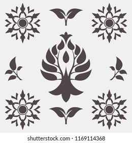 Set of abstract foliate signs. Tree template.