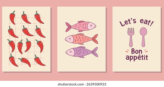 Set of abstract food posters with fish, chili peppers, spoon and fork. Contemporary art prints in colorful trendy style. 
