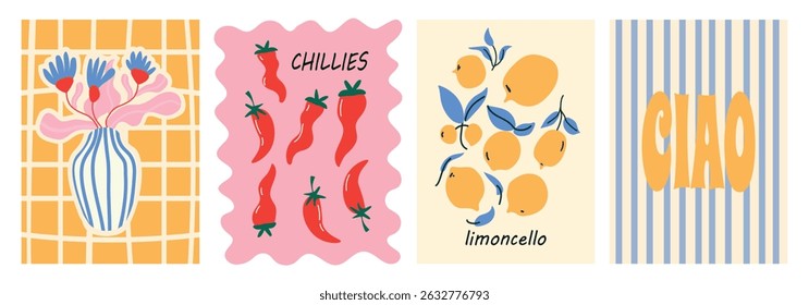 Set of abstract food posters with flowers in a vase lemon fruit and chili peppers. Whimsical wall art. Contemporary art prints in colorful italian style. Vector illustrations.