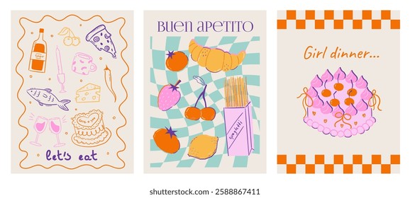 Set of abstract food posters with fruits, vegetables, cake, wine, pizza illustrations. Contemporary art prints in colorful trendy style. Dinner party wall art. Vector graphic