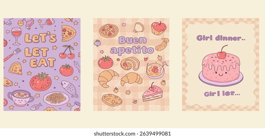 Set of abstract food posters with fruits, vegetables, cake, wine, pizza illustrations. Contemporary art prints in colorful trendy style.