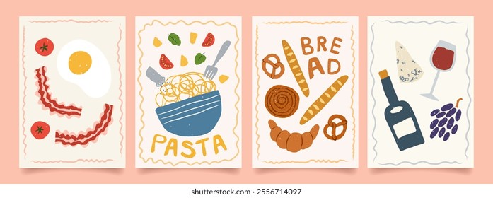 Set of abstract food posters for the kitchen. Trendy art prints hand drawn with eggs, bacon and tomatoes, pasta, bread, wine and cheese. Minimalist design for wall decor, restaurant menu, packaging.