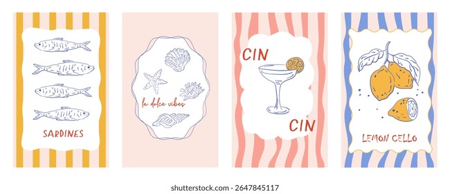 Conjunto de cartazes de comida abstrata. Culinária mediterrânea. Limões desenhados à mão, lagosta, tomate, vinho, camarão. Vibe de verão italiano, Amalfi, estilo dolce vita. Design moderno para cartões, impressão, cozinha, branding.