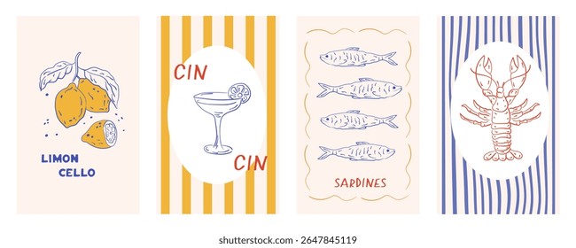 Conjunto de cartazes de comida abstrata. Culinária mediterrânea. Limões desenhados à mão, lagosta, tomate, vinho, camarão. Vibe de verão italiano, Amalfi, estilo dolce vita. Design moderno para cartões, impressão, cozinha, branding.