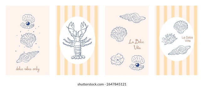 Conjunto de cartazes de comida abstrata. Culinária mediterrânea. Limões desenhados à mão, lagosta, tomate, vinho, camarão. Vibe de verão italiano, Amalfi, estilo dolce vita. Design moderno para cartões, impressão, cozinha, branding.