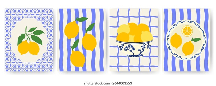 Conjunto de cartazes de comida abstrata. Projeto italiano de verão de limão para decoração de cozinha, design de tecido, menus de restaurante, embrulho de presente, papéis de parede, cartões postais, cartões de felicitações