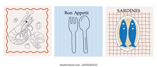 Set of abstract food posters with vector illustration of shrimp, spoon and fork, sardine on a plate. Italian food posters design. Mediterranean style.Graphic for interior, kitchen, cafe, menu.