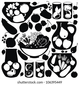  set with abstract food stickers - vector black silhouettes.