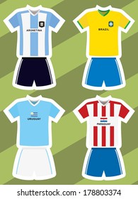 set of abstract football jerseys, argentina, brazil, uruguay and paraguay 