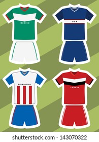 set of abstract football jerseys, mexico, usa, puerto rico and canada