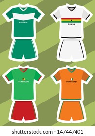 set of abstract football jerseys, nigeria, ghana, cameroon and ivory coast