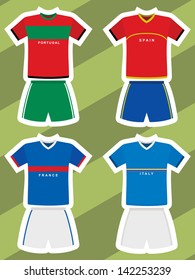 set of abstract football jerseys, spain, italy, france and portugal