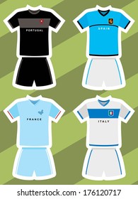 set of abstract football jerseys, spain, italy, france and portugal 