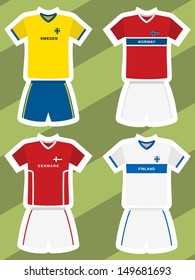 set of abstract football jerseys, sweden, norway, denmark and finland