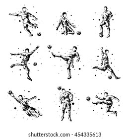 Set of abstract football players on isolated background. Goalkeeper, kick, jump. Stylized silhouettes for design. Black circles of different sizes. Football players in motion, different options.