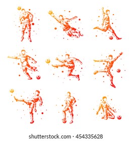 Set of abstract football players on isolated background. Goalkeeper, kick, jump. Stylized silhouettes for design. Orange circles of different sizes. Football players in motion, different options.