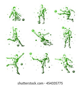 Set of abstract football players on isolated background. Goalkeeper, kick, jump. Stylized silhouettes for design. Green circles of different sizes. Football players in motion, different options.