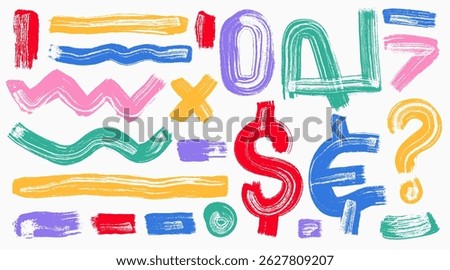 Set of abstract form brush bold geometric shapes, arrows, asterisks, circles. Grunge style vector color symbols, shapes. Template squiggle thick lines, curly brush strokes, background print or collage