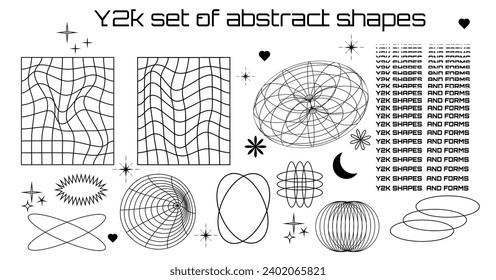 Set of abstract form and shapes in psychedelic style. Rave. Wireframe elements. Retro y2k. Vector  illustration. Black background. Isolated. Futuristic Flyer. Cyberpunk. White background. Brutalism