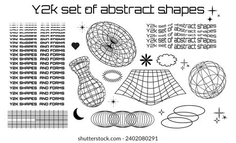 Satz abstrakter Form und Formen im psychedelischen Stil. Rave. Wireframe-Elemente. Retro y2k Design. Vektorgrafik. Hintergrund. Einzeln. Futuristische .Cyberpunk. Perspektivnetze. Soziales Netzwerk
