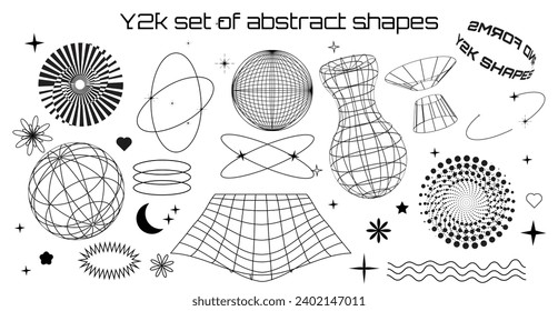 Set of abstract form and shapes in psychedelic style. Rave. Social network. Wireframe elements. Retro y2k design. Vector illustration. Background. Isolated. Futuristic .Cyberpunk. Grids. Acid. Space