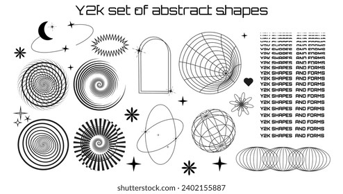 Set of abstract form and shapes in psychedelic style. Rave. Wireframe elements. Social network. Retro y2k design. Vector  illustration. Background. Isolated. Futuristic .Cyberpunk. Perspective grids. 