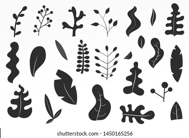 Set of abstract forms plants, leaves or trees in trendy geometric flat style. Minimalistic black vector design isolated on white background.