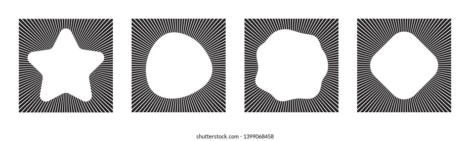 Set of abstract frames, black borders made of straight line, isolated on white background. Geometric striped shapes. Vector monochrome illustration.