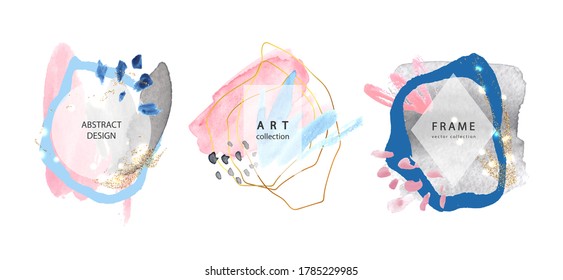 Set of abstract frames with hand drawn watercolors shapes.Minimal template for creative designs, card, invitation.