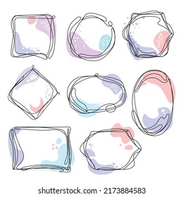 Set of abstract frames with hand drawn doodle and pastel shapes.Vector wreaths and frames abstract wavy shapes.Minimal template for creative designs, card, invitation.cover, label