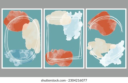 Set of abstract frames. Watercolor abstract shapes wall art set. Vertical hand drawn creative poster, vector illustration