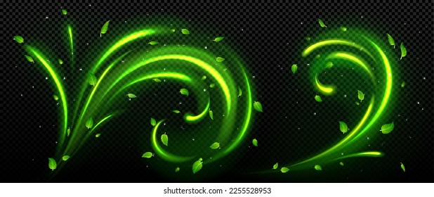 Set of abstract fresh air swirls with green leaves and sparkles isolated on transparent background. Vector realistic illustration of wind vortex with flying mint, tea foliage. Freshness design element