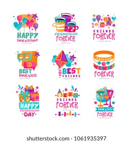 Set of abstract friends logo templates. Happy friendship day. Original vector design for postcard, invitation, mobile app or messenger